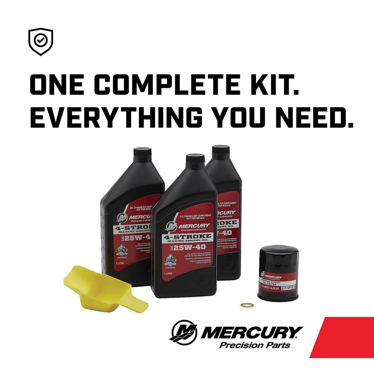 MERCURY close-up of 25W-40 oil bottle highlighting label and protective formulation