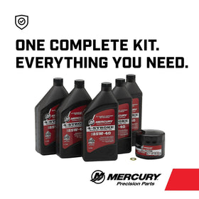 MERCURY close-up of 25W-40 oil bottle label showing correct marine viscosity benefit