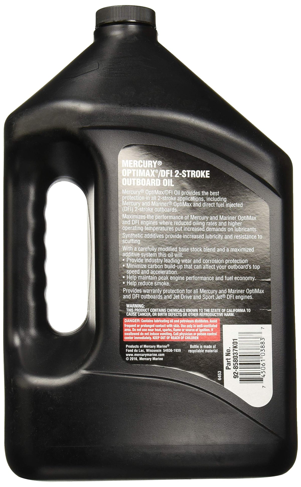 MERCURY Optimax/DFI close-up of label and oil being poured showing clear pour and use