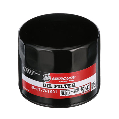 MERCURY front view of oil filter showing part number and clean fit benefit
