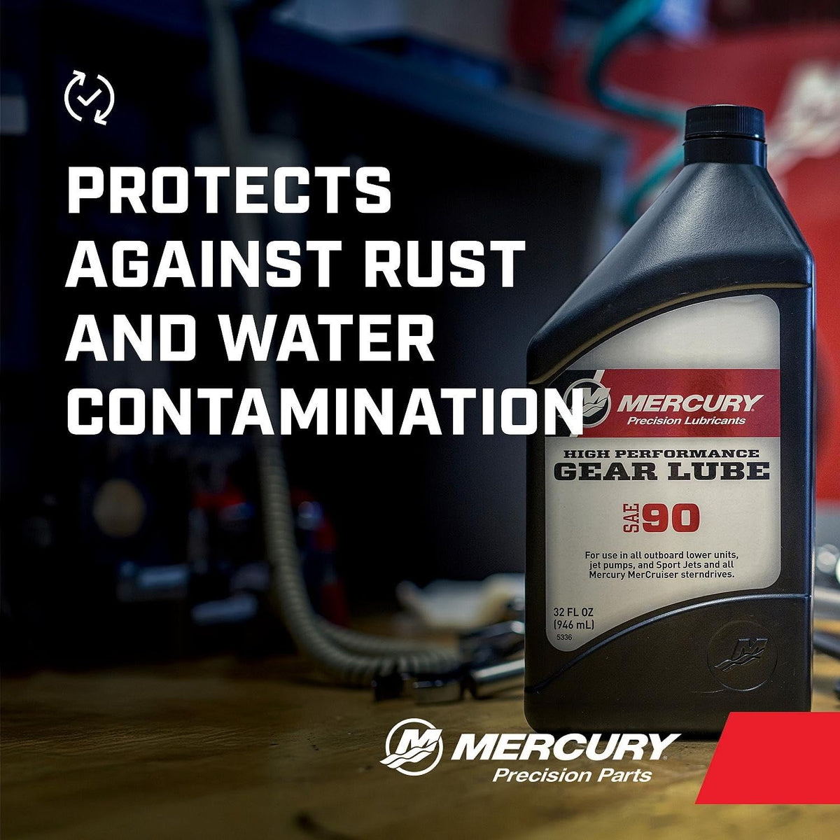 MERCURY being poured with gear lube pump for clean fill and reduced spillage