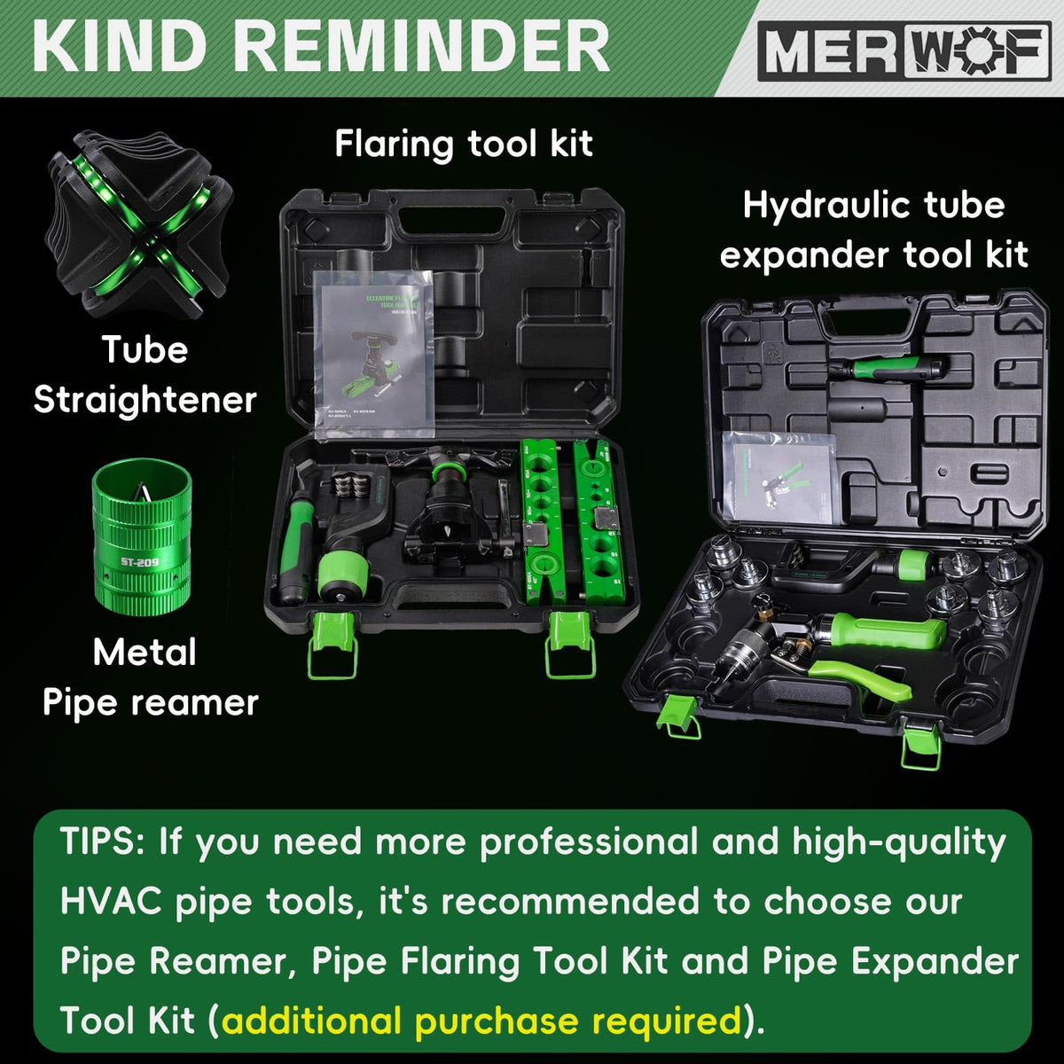 MERWOF product with packaging displaying included single 3/8 inch handheld tubing straightener