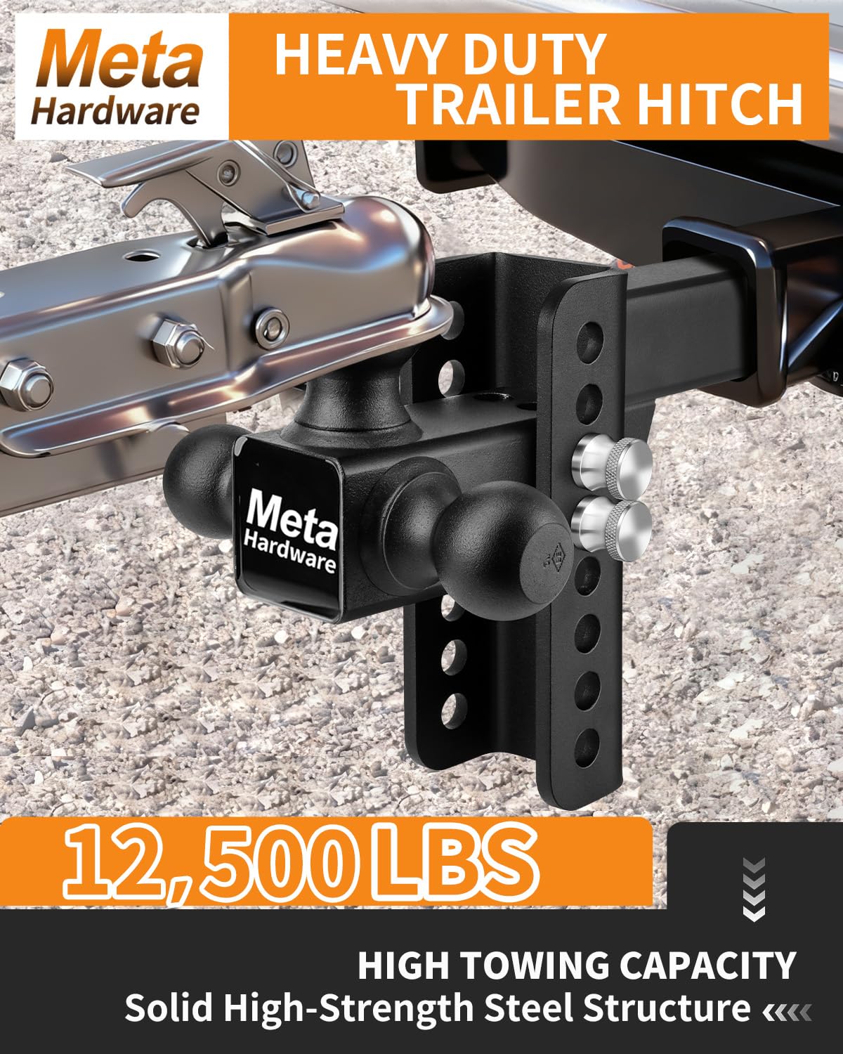 META Hardware close-up of tri-ball head for quick coupler swaps