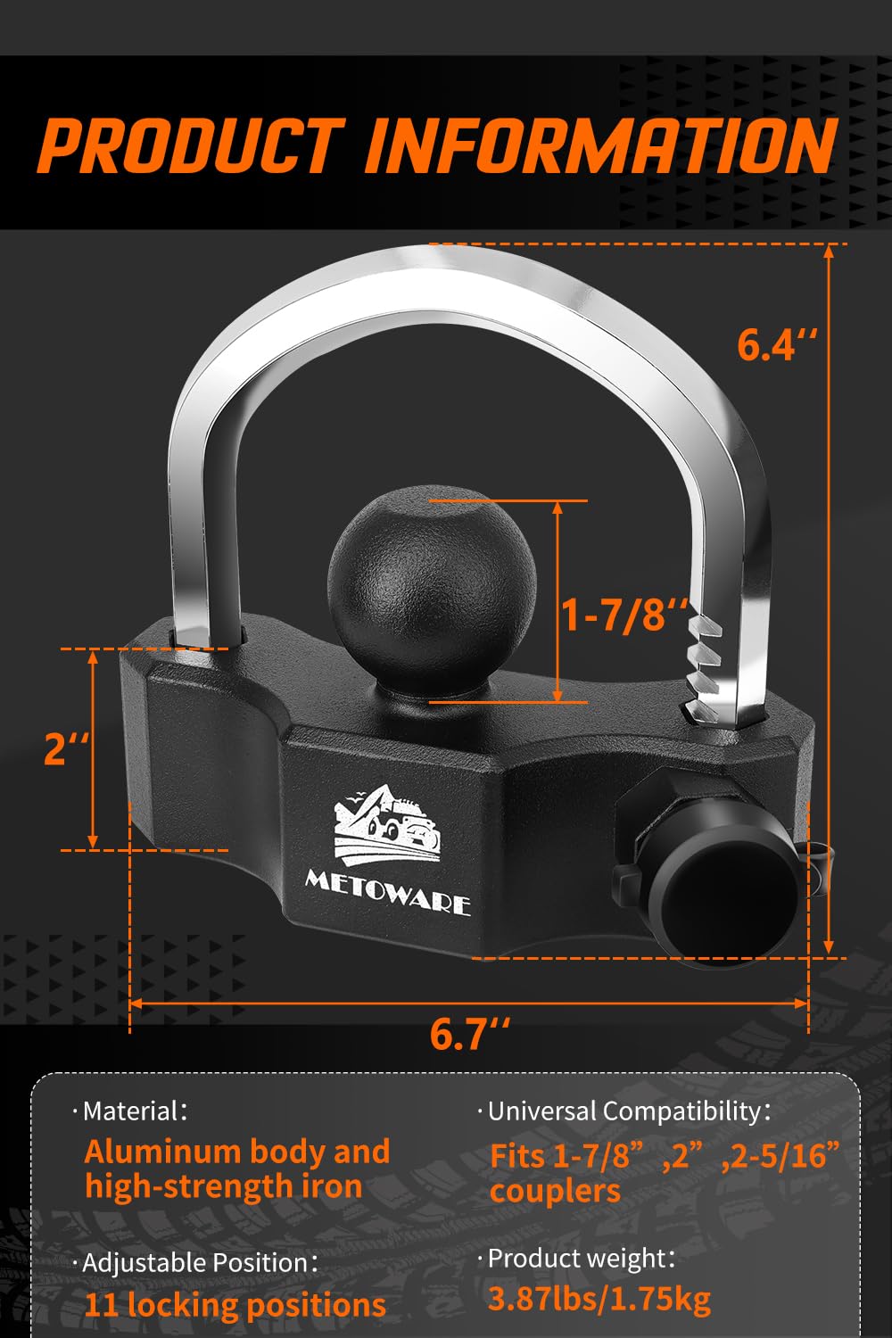 METOWARE 5/8" bent-pin hitch lock detail showing sturdy construction and fit