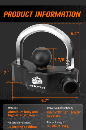 METOWARE 5/8" bent-pin hitch lock detail showing sturdy construction and fit