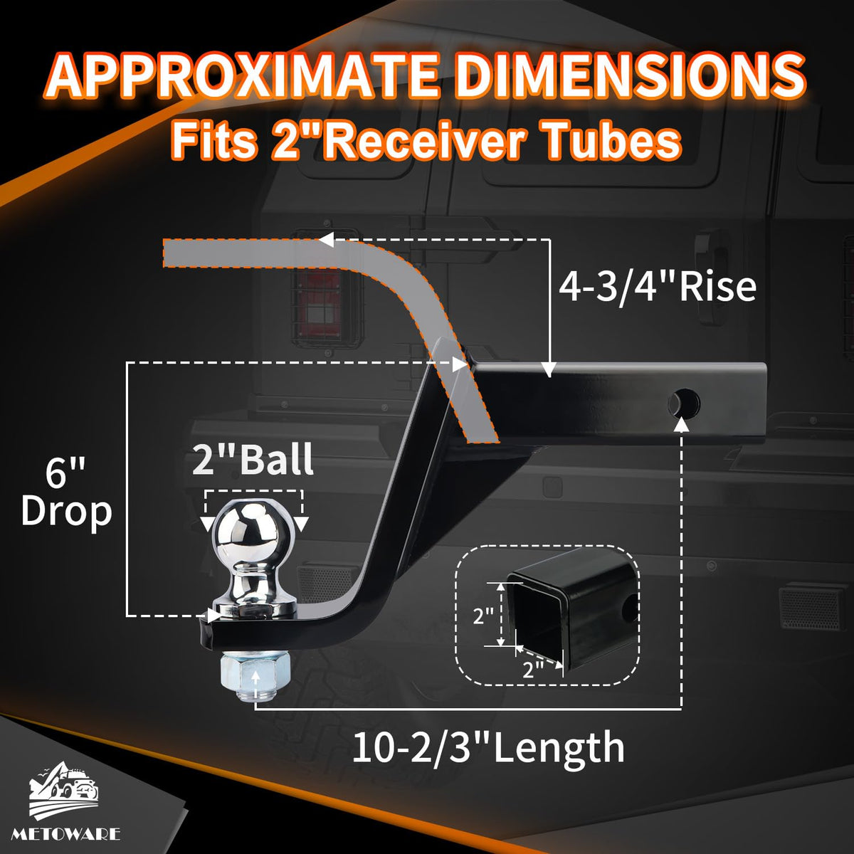 METOWARE ball mount side profile illustrating 6-inch drop rise benefit
