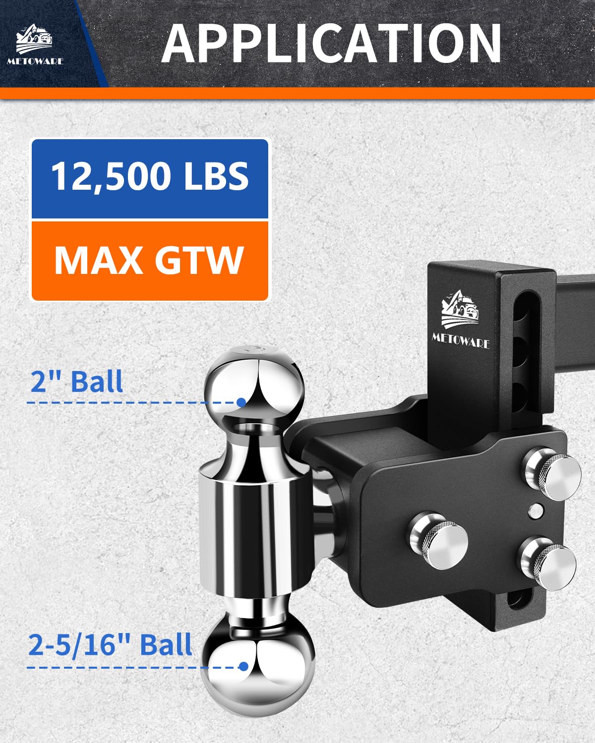 METOWARE close-up showing both 2" and 2-5/16" balls for flexible towing fit