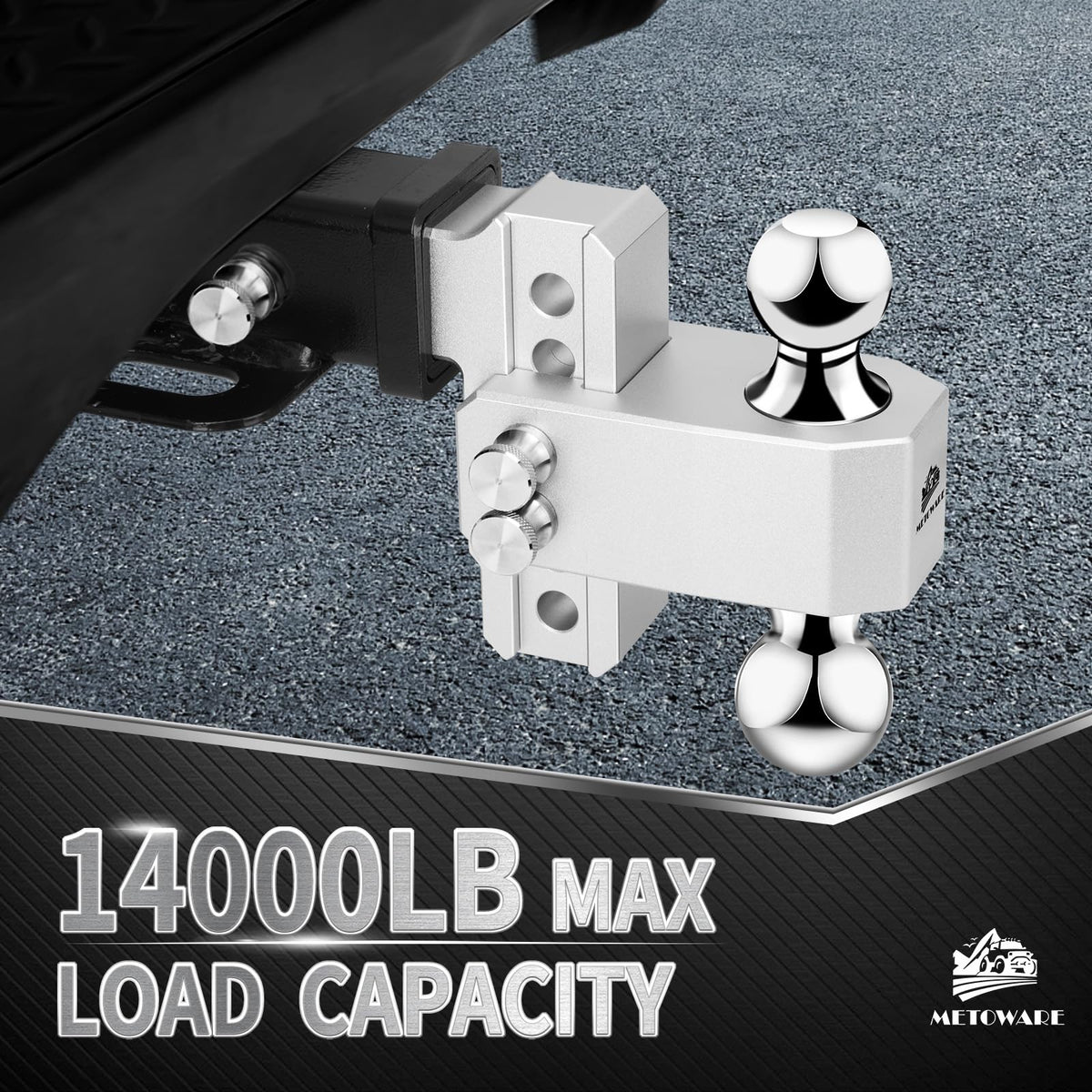 METOWARE dual ball top view illustrating two sizes for towing flexibility