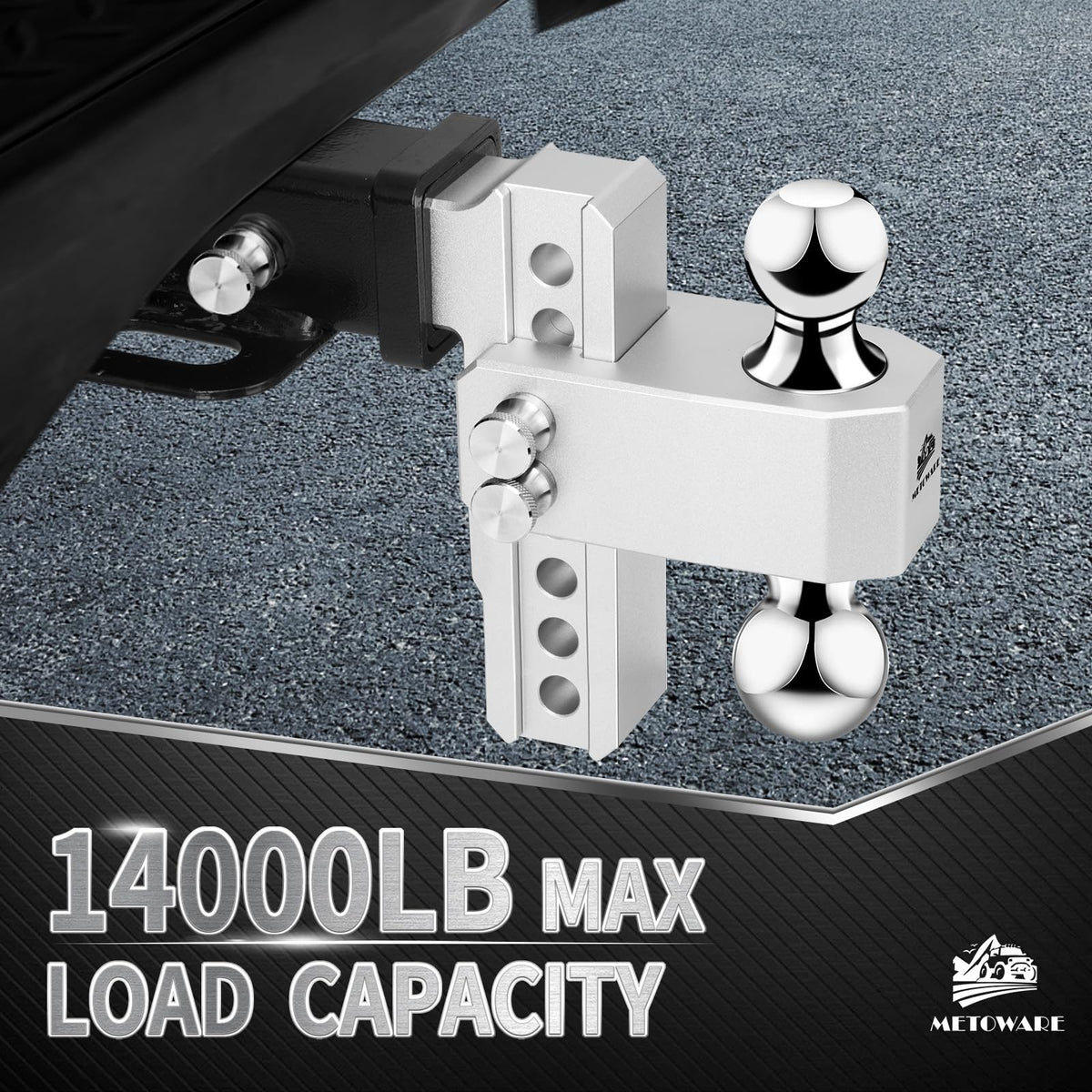 METOWARE dual hitch balls top view showing size options for load versatility