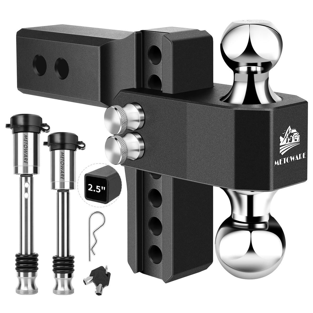 METOWARE front view of hitch showing receiver and dual-ball design for versatile towing
