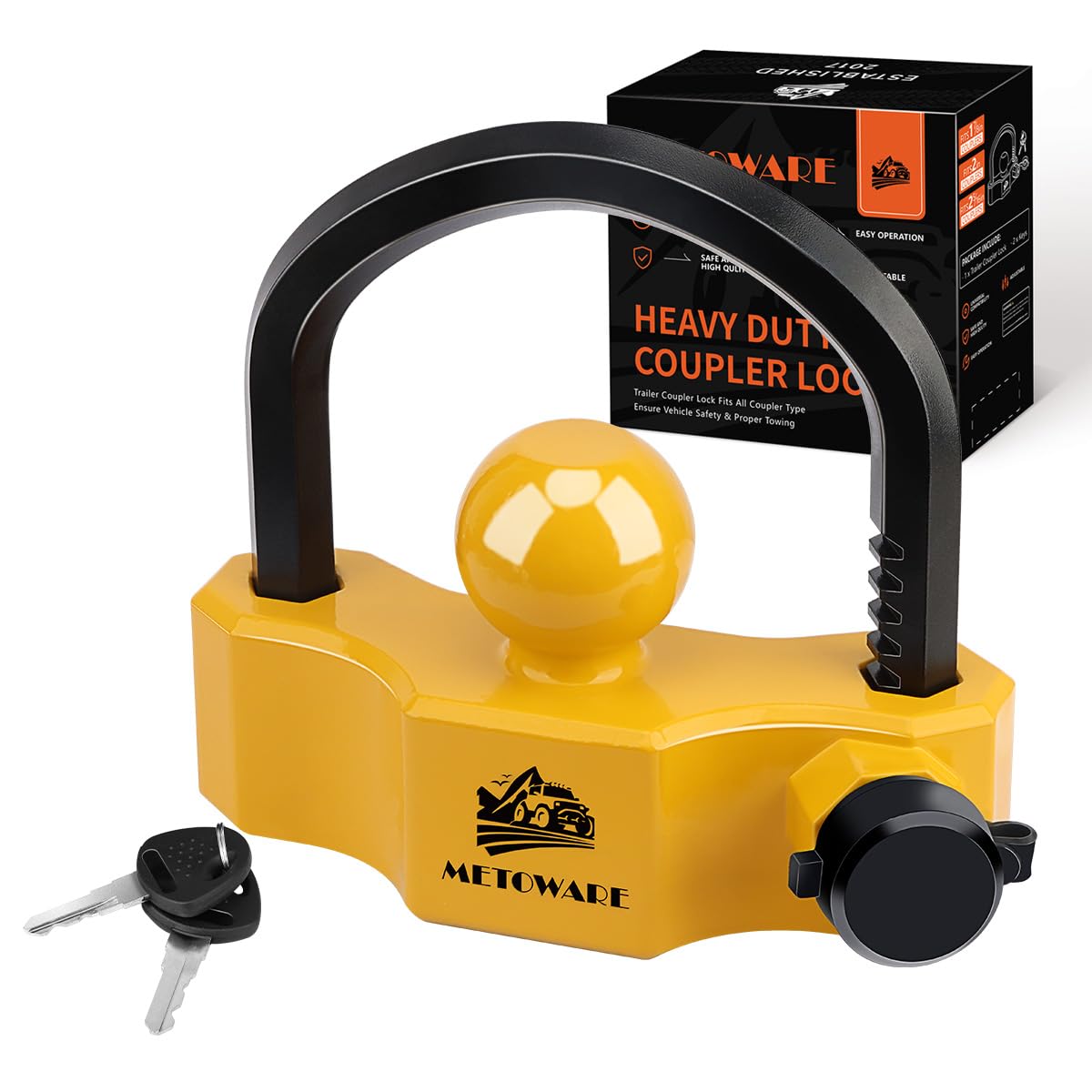 METOWARE front view showing lock fitted on trailer hitch, enhancing visible security