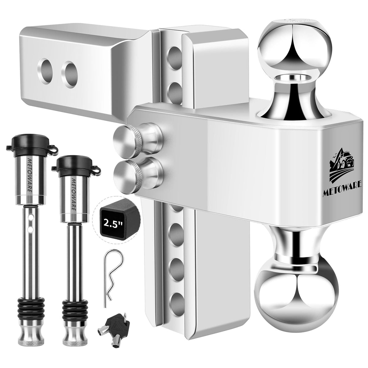 METOWARE front view showing entire adjustable aluminum hitch and features benefit clarity
