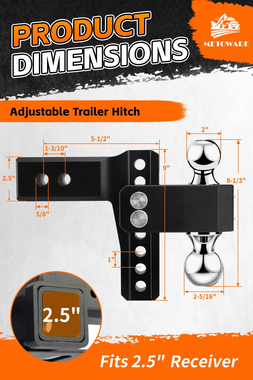 METOWARE adjustment mechanism close-up showing 1-inch increment controls for leveling