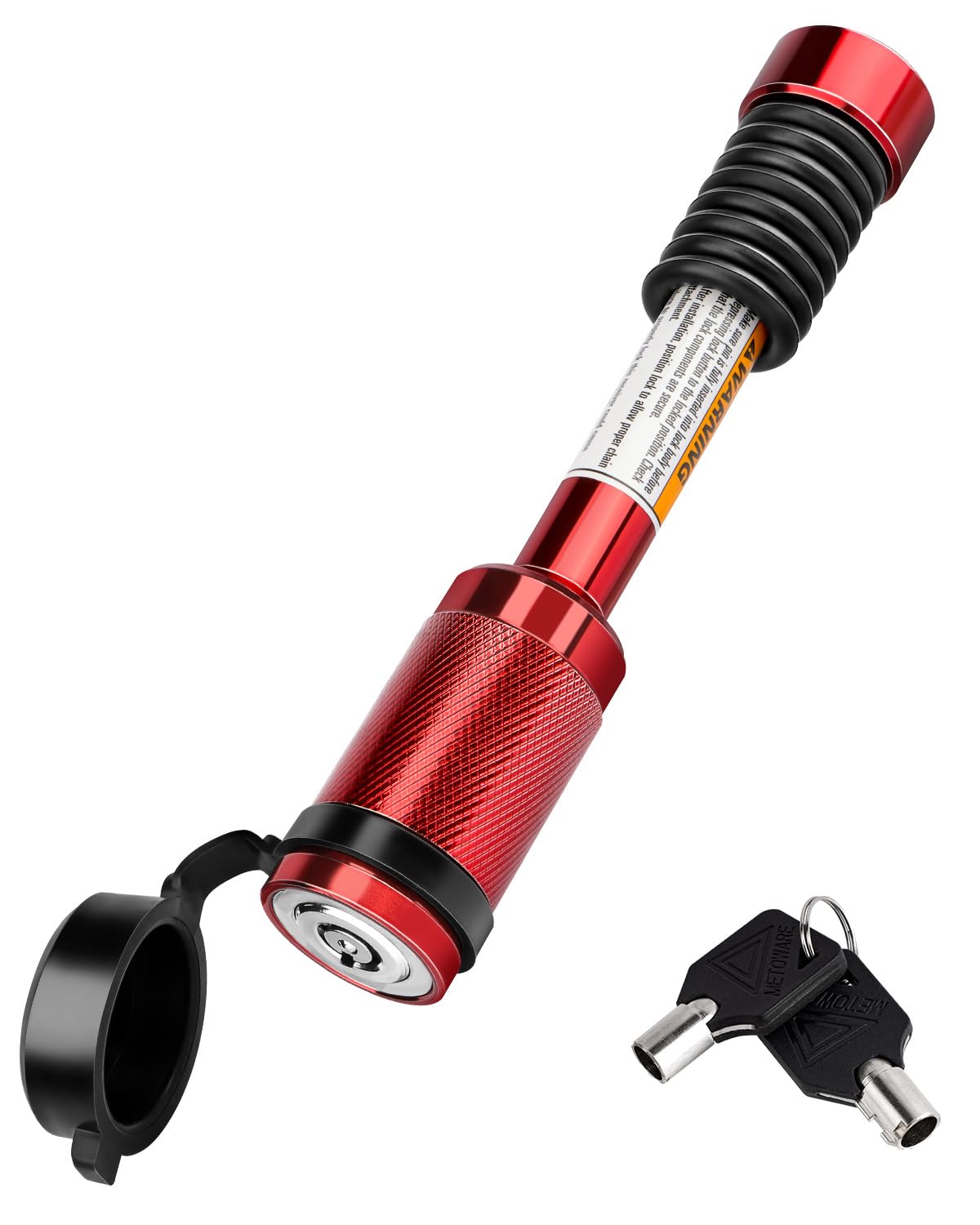 METOWARE front view of red hitch lock showing robust build and visibility