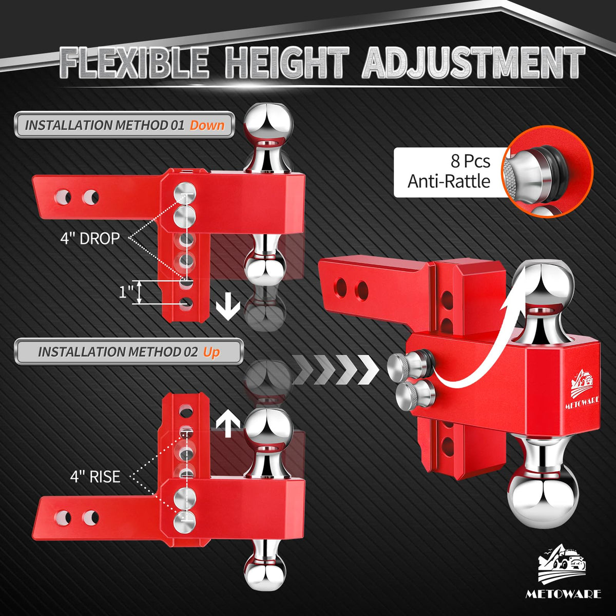 METOWARE hitch beside ruler showing compact size and weight-saving benefit
