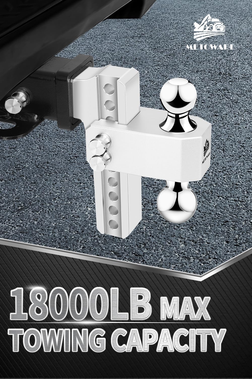 METOWARE close-up of integrated 2" and 2-5/16" balls, quick size change benefit