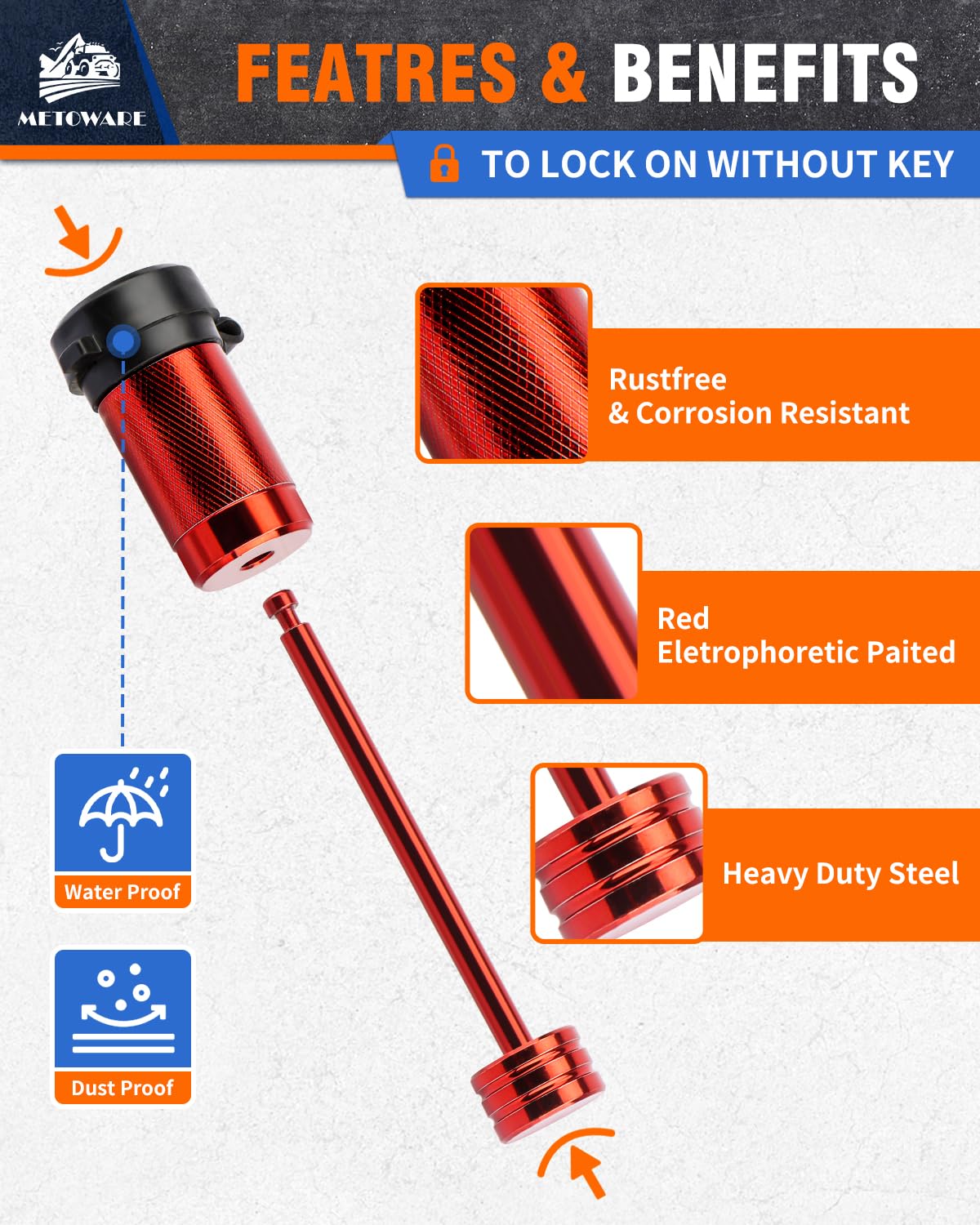 METOWARE lock pin beside a ruler showing 3-1/2 inch span for fit verification