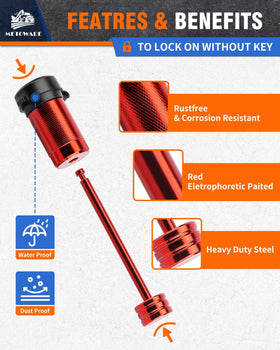 METOWARE lock pin beside a ruler showing 3-1/2 inch span for fit verification