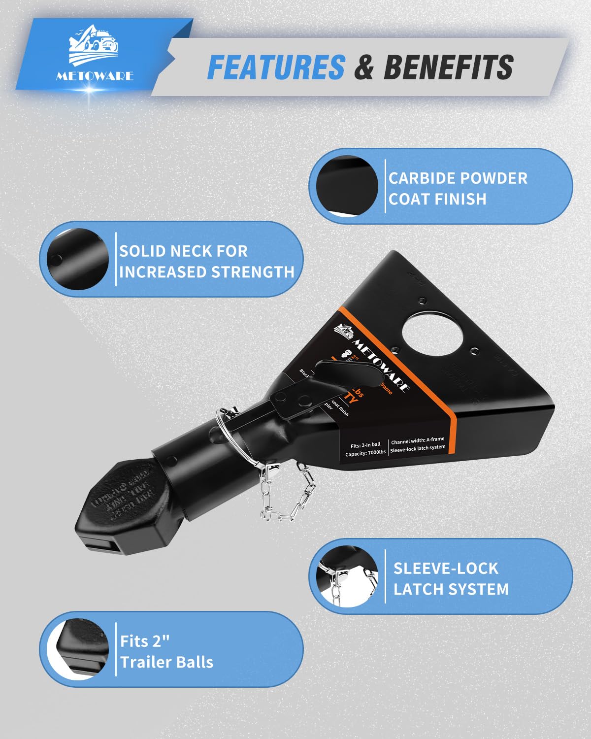 METOWARE side profile mounted on A-frame tongue demonstrating installation fit
