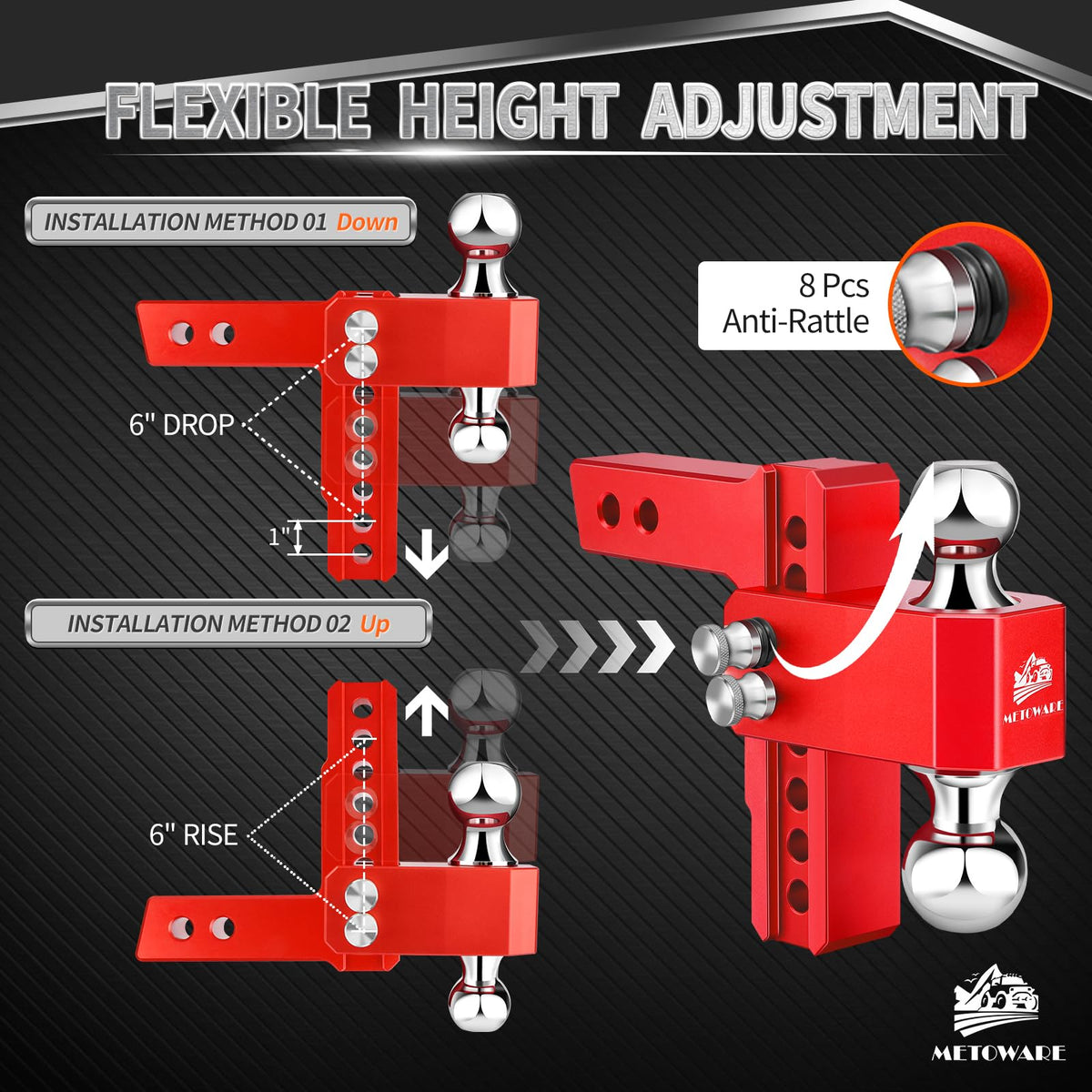 METOWARE hitch next to tape measure showing compact size and adjustment benefit