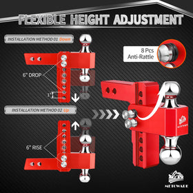 METOWARE hitch next to tape measure showing compact size and adjustment benefit