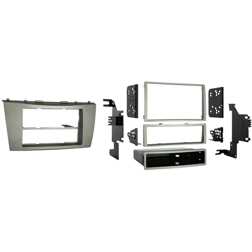 Metra 99-8218 front assembled kit showing silver bezel and fit benefits