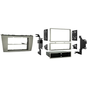 Metra 99-8218 front assembled kit showing silver bezel and fit benefits