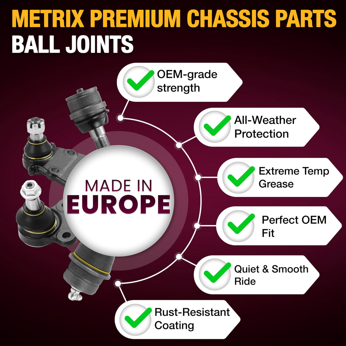 METRIX ball joint mounted on control arm illustrating proper fit and handling