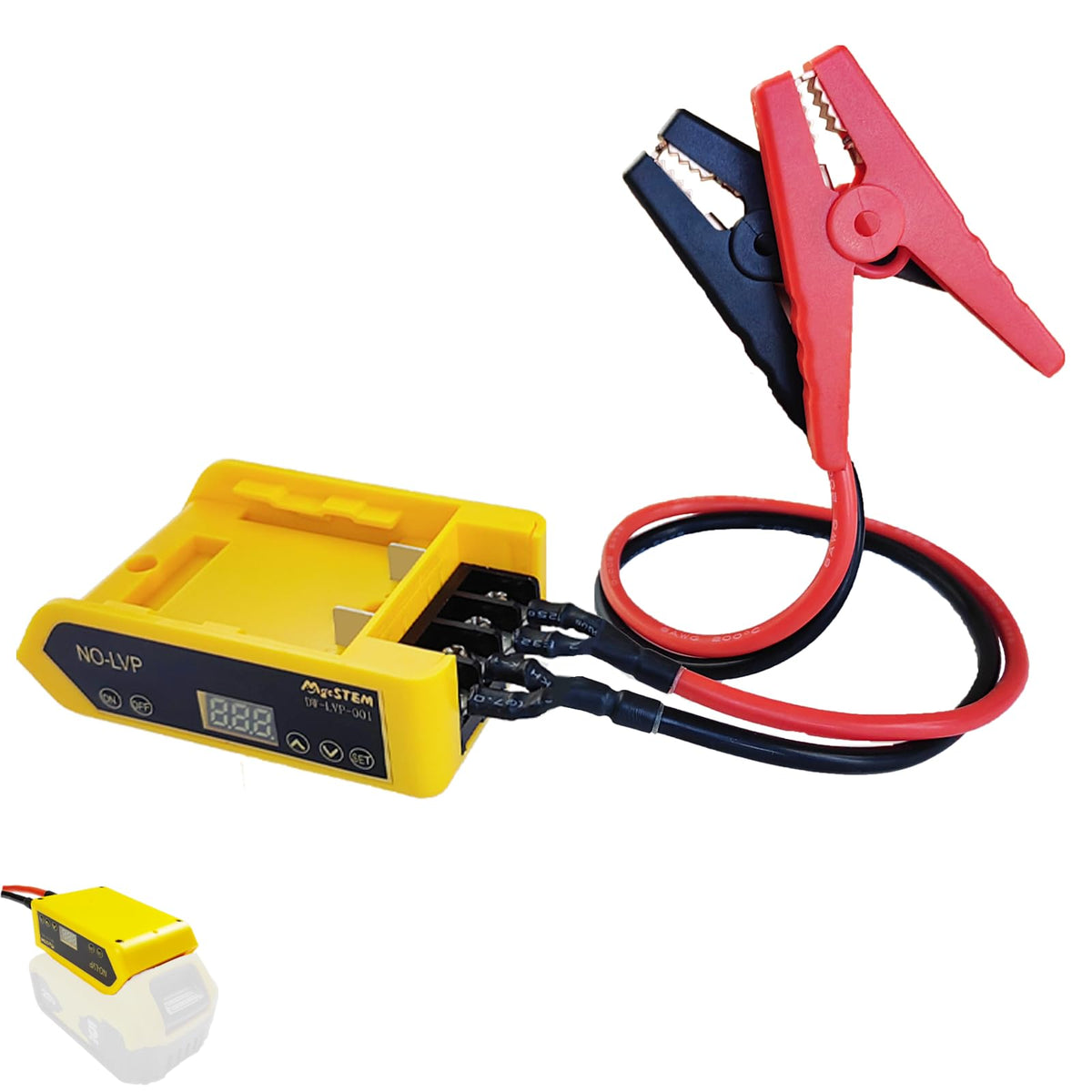 MgcSTEM front view showing compact jumper cable set and storage bag, ready for emergencies