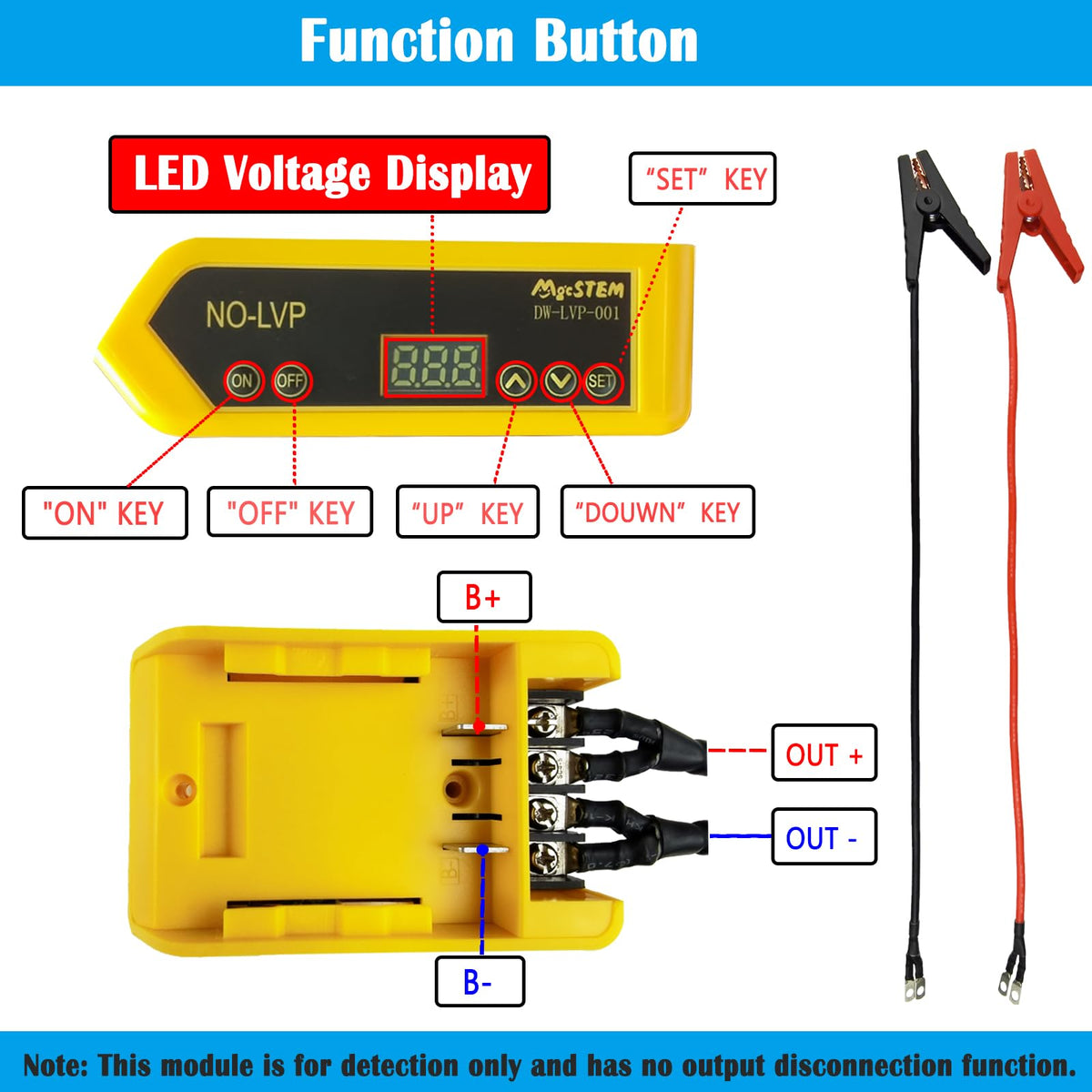MgcSTEM close-up LED voltage display on cable providing real-time battery information