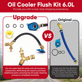 MGGPAXXT adapters attached to Ford coolant hose, secure setup to back-flush oil cooler