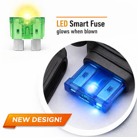MGI SpeedWare close-up of LED blade fuse revealing illuminated indicator for quick diagnostics