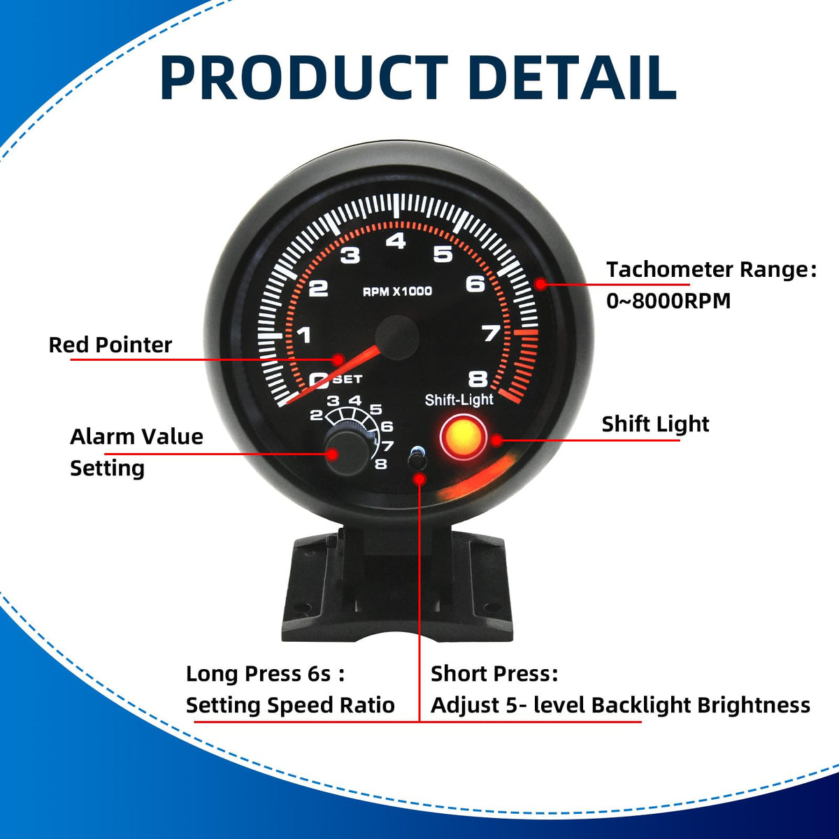 MH close-up of red pointer and dial for fast, precise RPM reading
