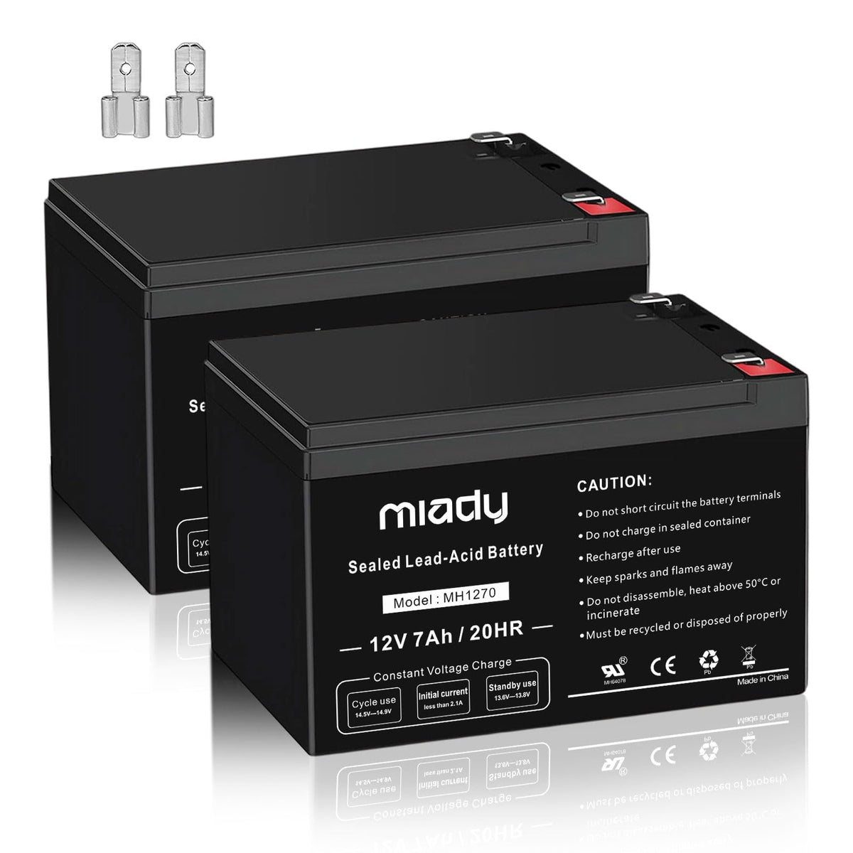 Miady battery front view showing labeling and compact benefits