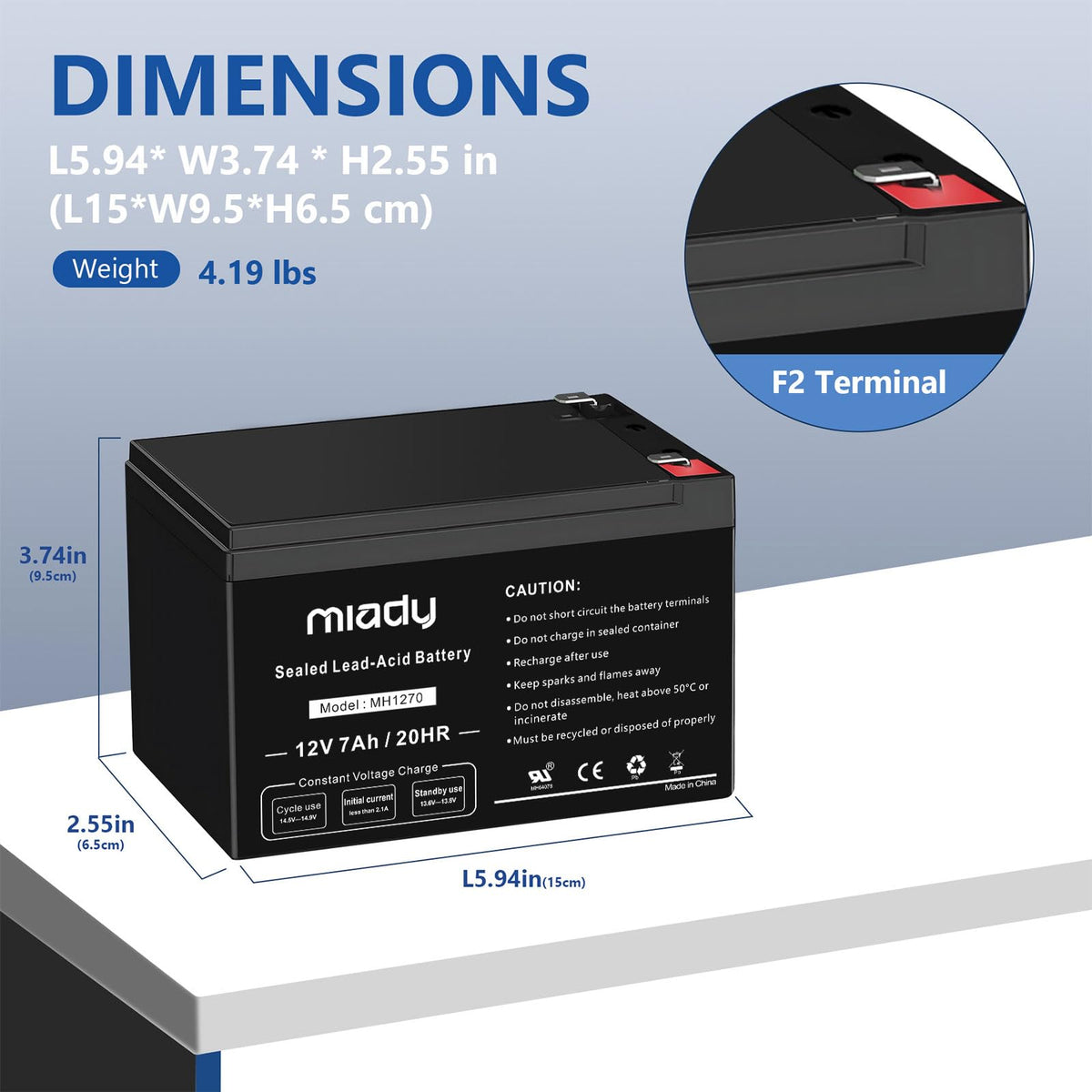 Miady battery F2 terminal closeup for easy connection and reliability