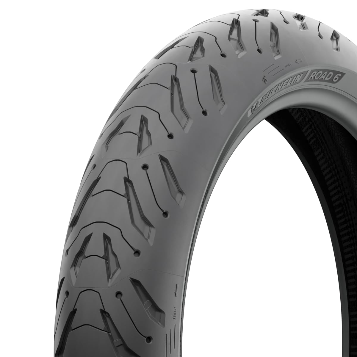 MICHELIN Road 6 front tire profile showing tread shape and confident handling benefit