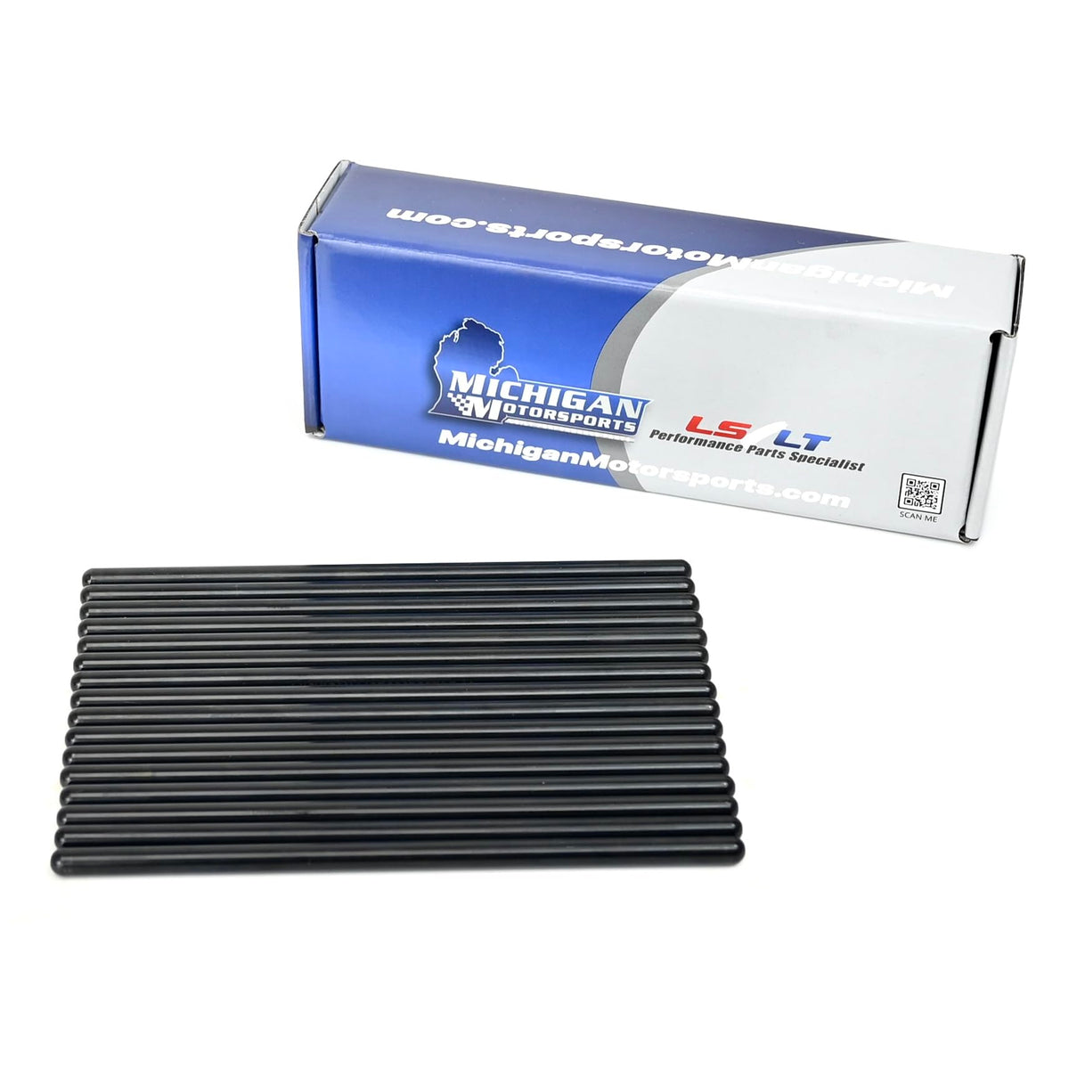Michigan Motorsports pushrods next to ruler showing accurate 7.400 inch length