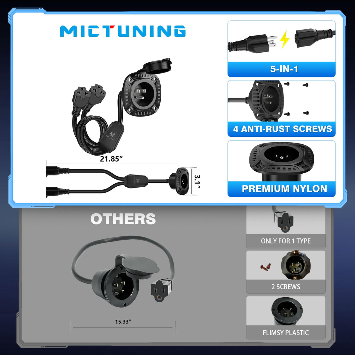 MICTUNING 20-inch extension cord detail with thick 12AWG wires for reliable power