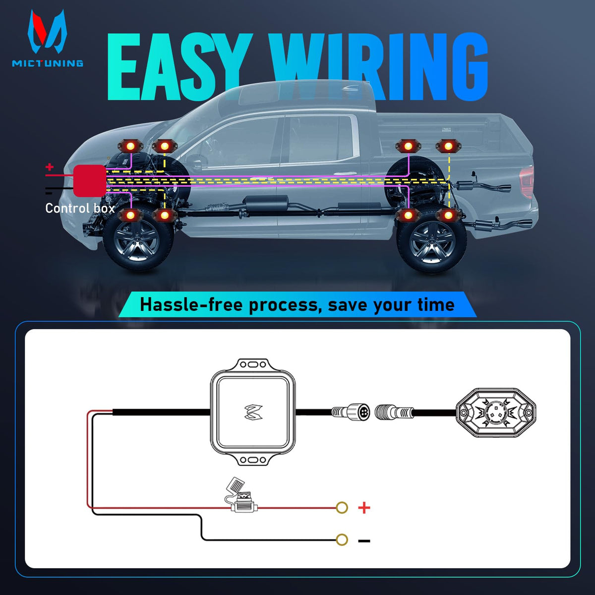 MICTUNING app interface on phone demonstrating quick Bluetooth control