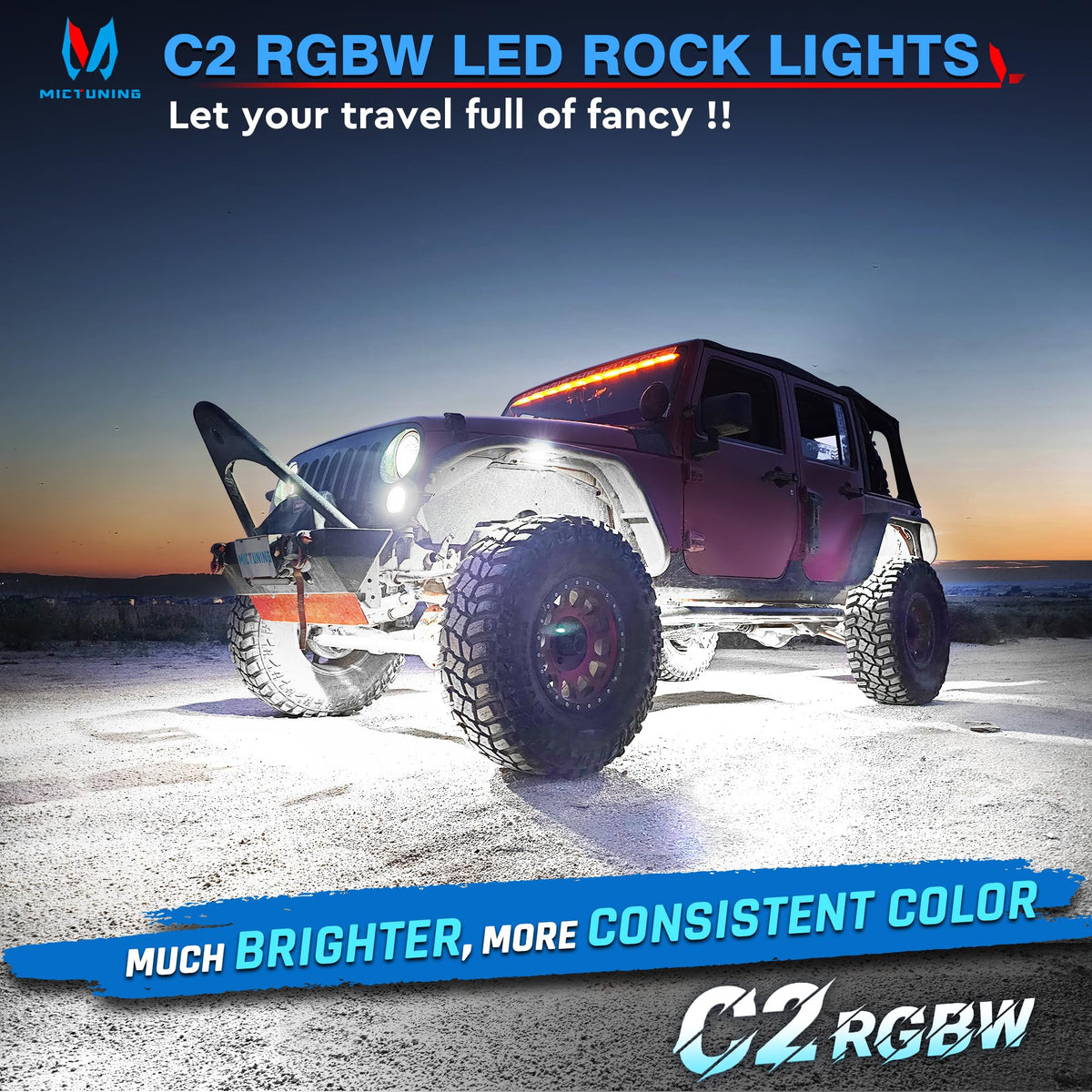 MICTUNING C2 curved lens close-up highlighting wide-angle design and even light spread benefit