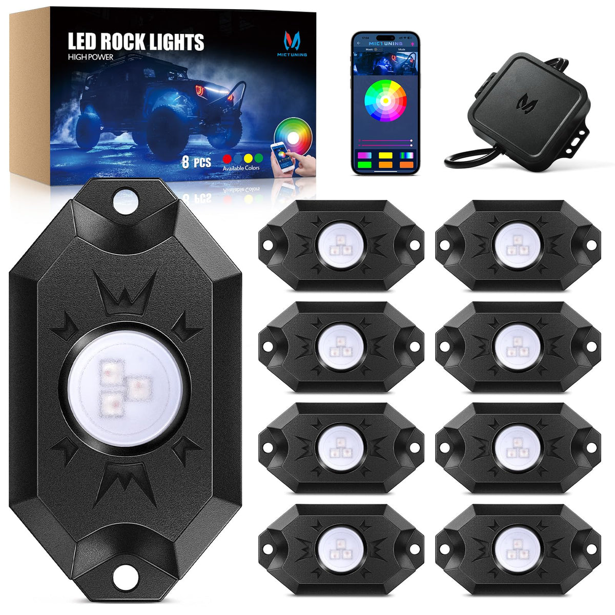 MICTUNING front-facing pod showing durable housing and bright even glow