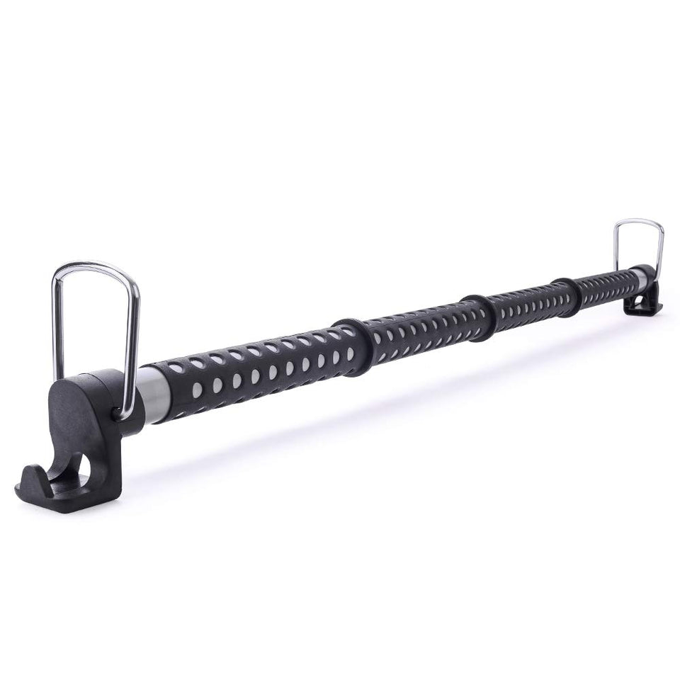 MICTUNING front view of installed clothes bar showing tidy garment storage benefit
