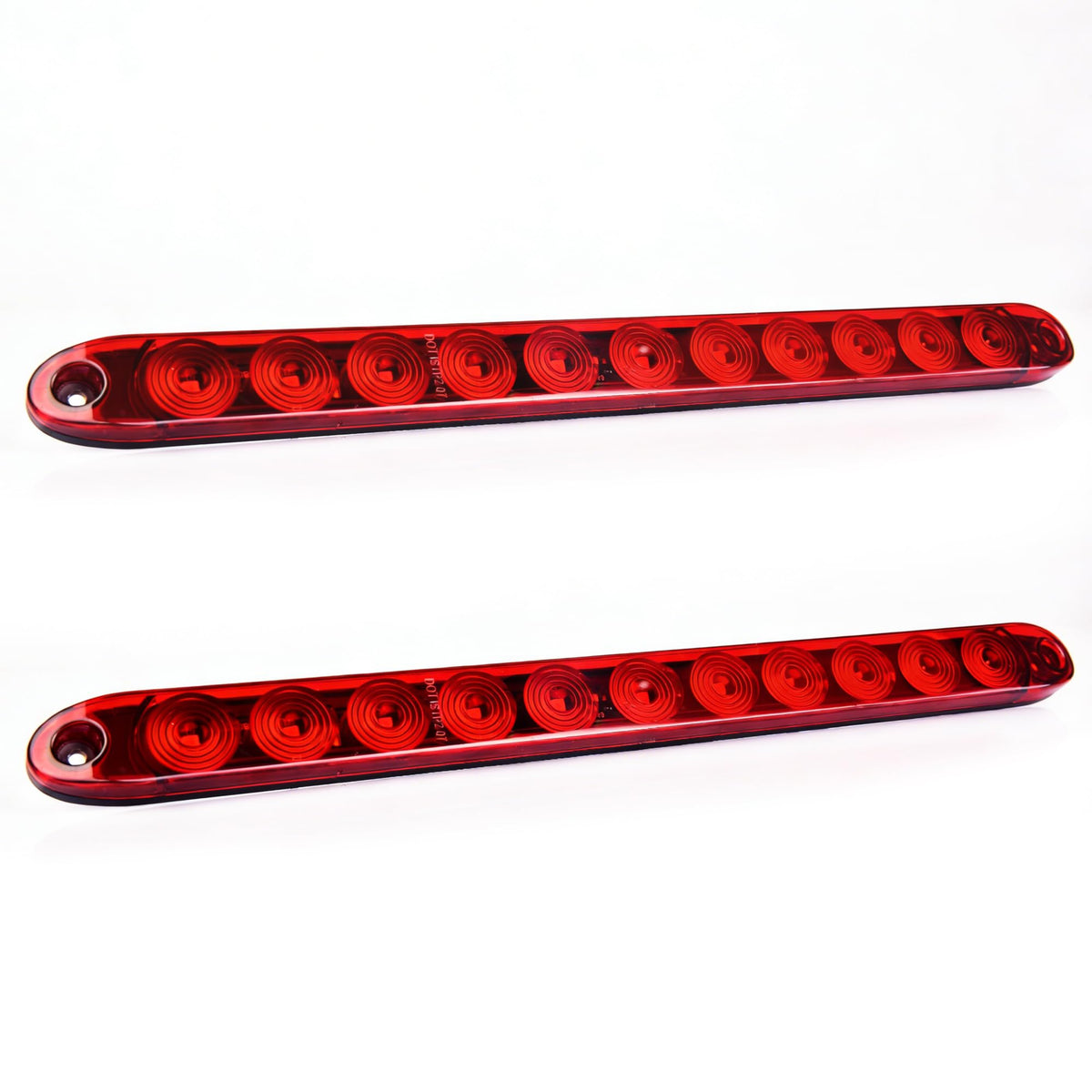 MICTUNING front view of two red 16-inch LED light bars showing the sleek housing and mounting holes, improving rear visibility