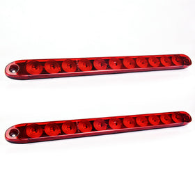 MICTUNING front view of two red 16-inch LED light bars showing the sleek housing and mounting holes, improving rear visibility
