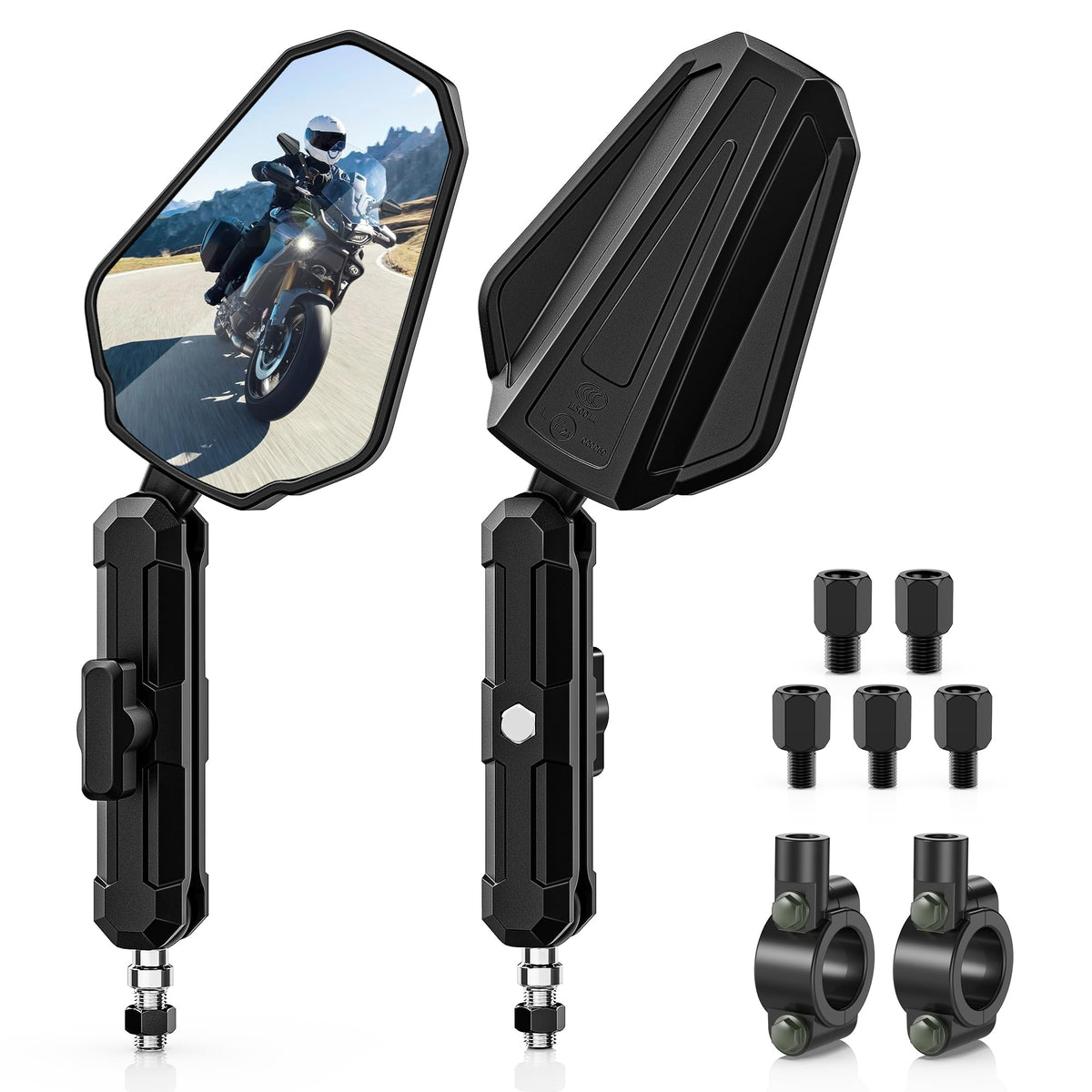 MICTUNING front view of packaged mirror showing components and benefit of complete kit
