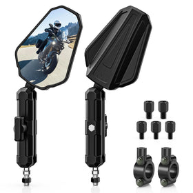 MICTUNING front view of packaged mirror showing components and benefit of complete kit