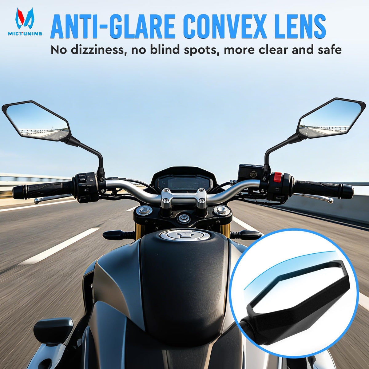 MICTUNING close-up of hawk-eye lens highlighting clarity and range