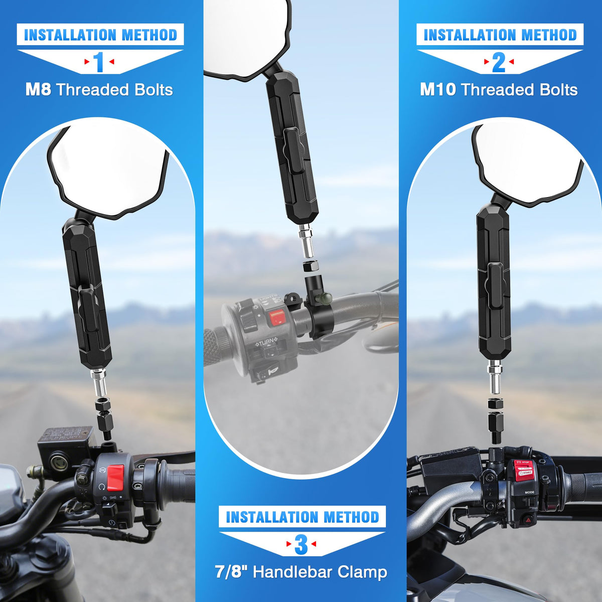 MICTUNING mirror mounted on dirt bike demonstrating improved rear visibility off-road