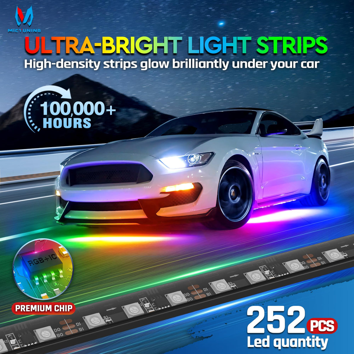 MICTUNING app control screen displaying color wheel and effect options for customization