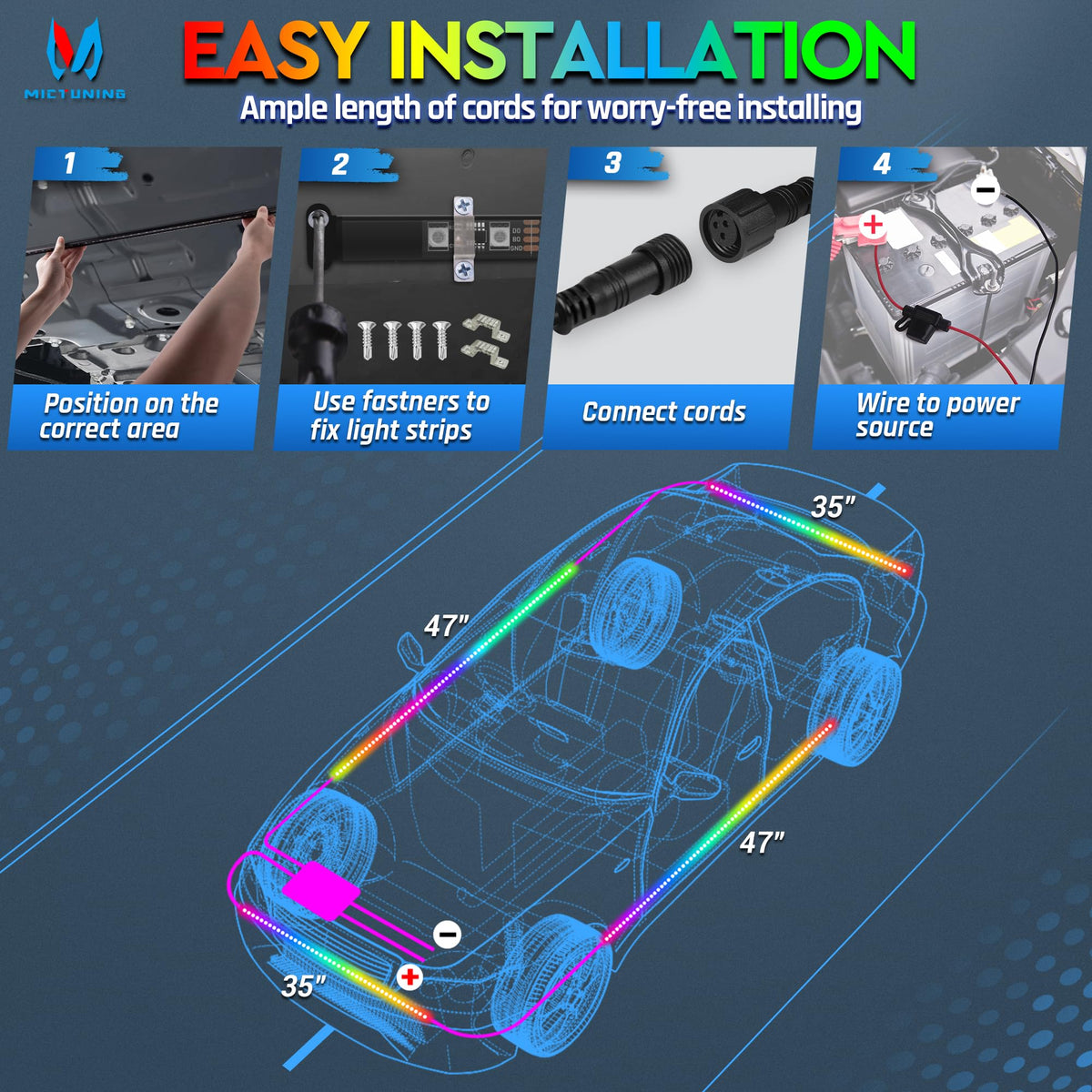 MICTUNING waterproof 3-pin connector and wiring detail ensuring weather-resistant power